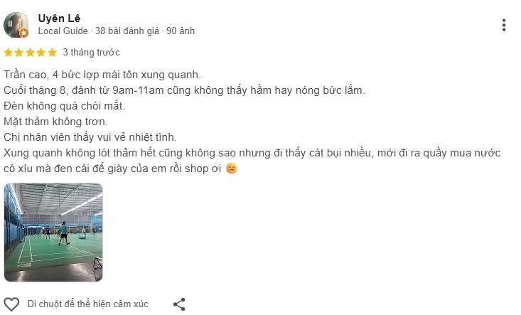 Đánh giá của người chơi tại sân cầu lông Tô Ngọc Vân