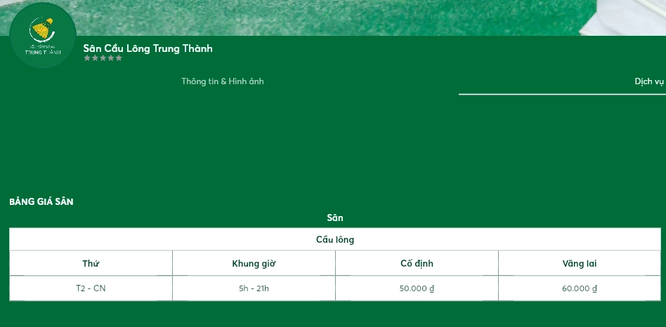 Bảng giá thuê sân cầu lông trung thành