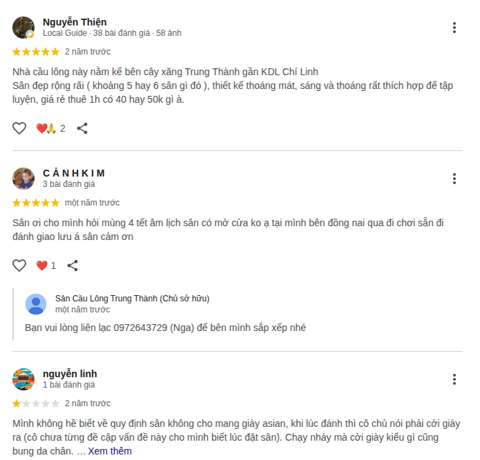 Nhận xét về chất lượng sân cầu lông trung thành