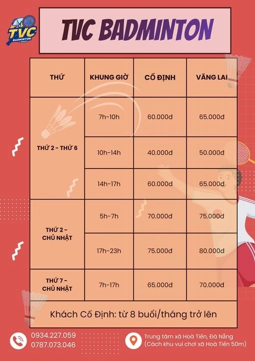 Bảng giá thuê sân cầu lông TVC