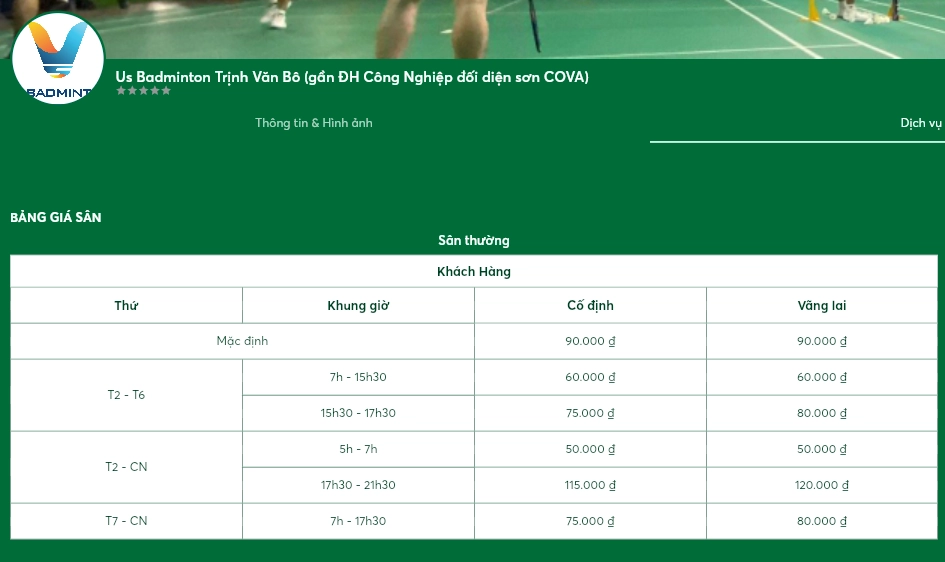 Bảng giá thuê sân cầu lông US badminton