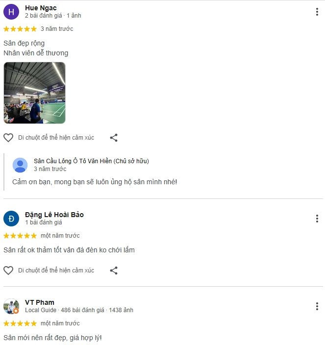 Đánh giá của người chơi tại sân Cầu Lông Văn Hiền