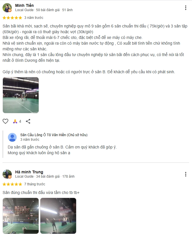 Đánh giá của người chơi tại sân Cầu Lông Văn Hiền