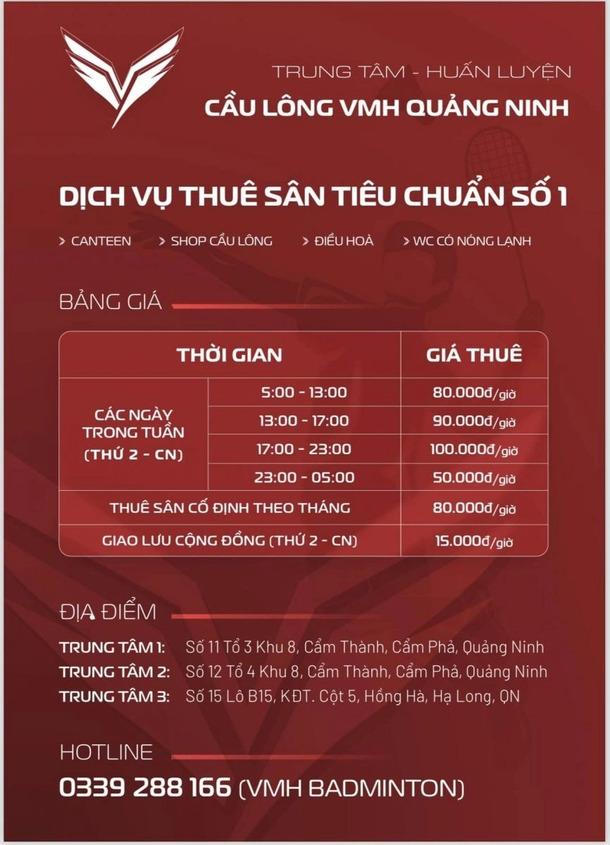 Giá thuê sân cầu lông VMH Hạ Long
