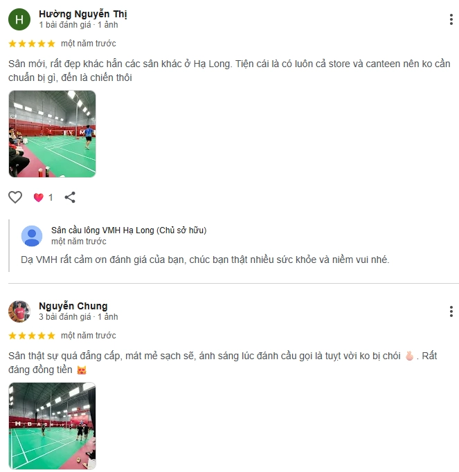 Đánh giá của người chơi tại sân cầu lông VMH Hạ Long