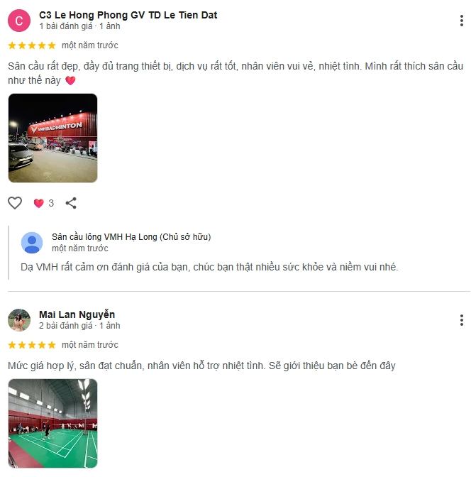 Đánh giá của người chơi tại sân cầu lông VMH Hạ Long
