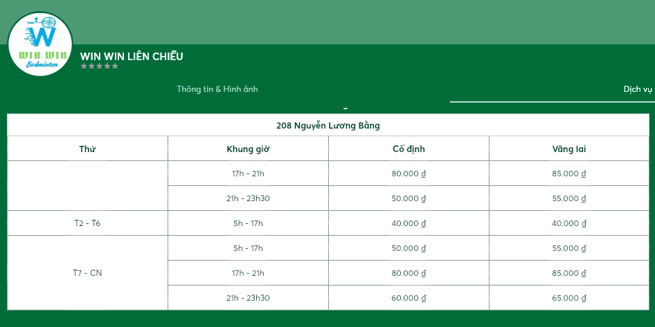 Bảng giá thuê sân cầu lông Win Win