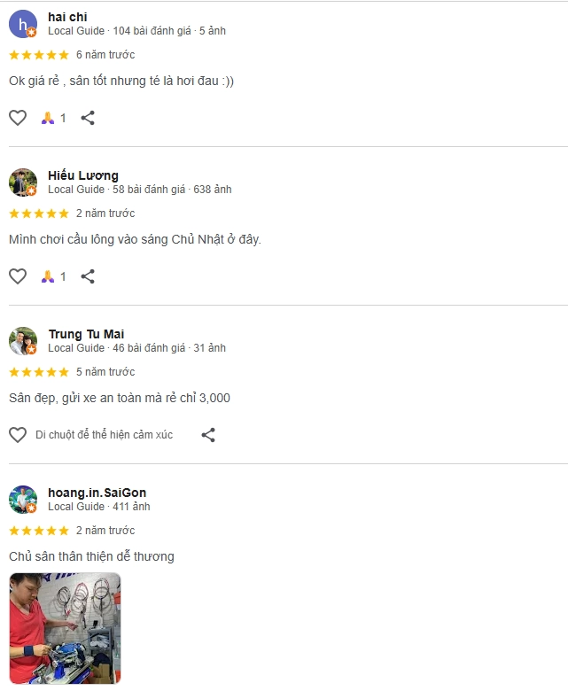 Đánh giá của người chơi tại sân cầu lông Xí Nghiệp Toa Xe Sài Gòn