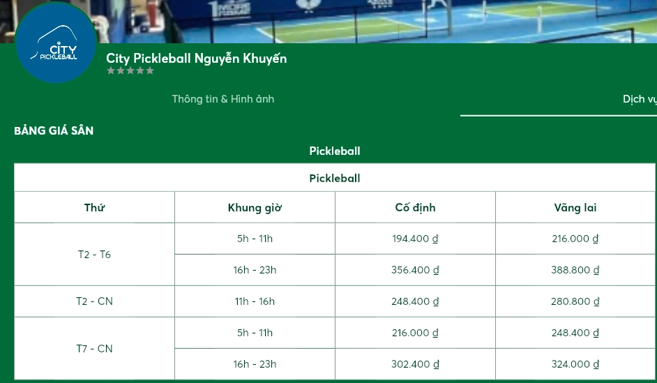 Giá thuê sân City Pickleball Nguyễn Khuyến