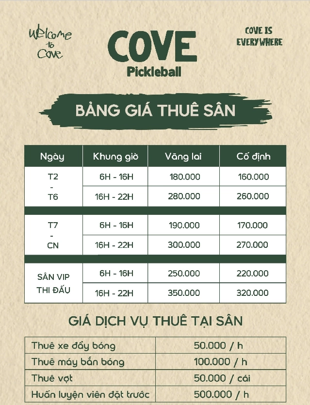 Giá thuê sân Cove Pickleball