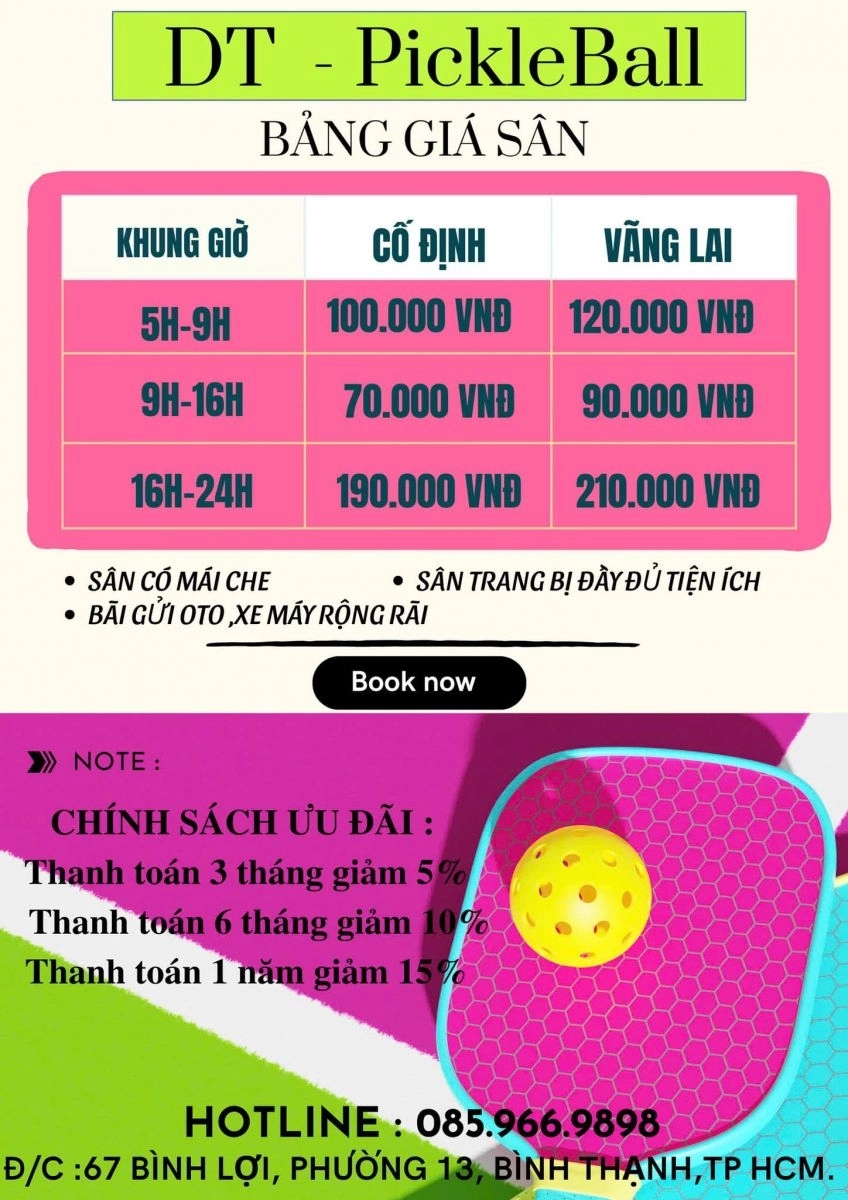 Bảng giá thuê sân D-T Pickleball