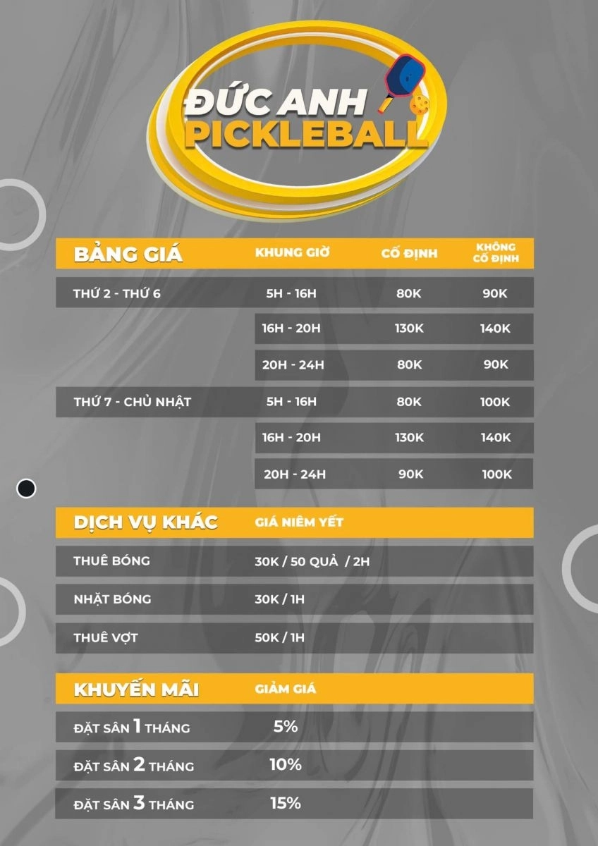 Giá thuê sân Đức Anh Pickleball