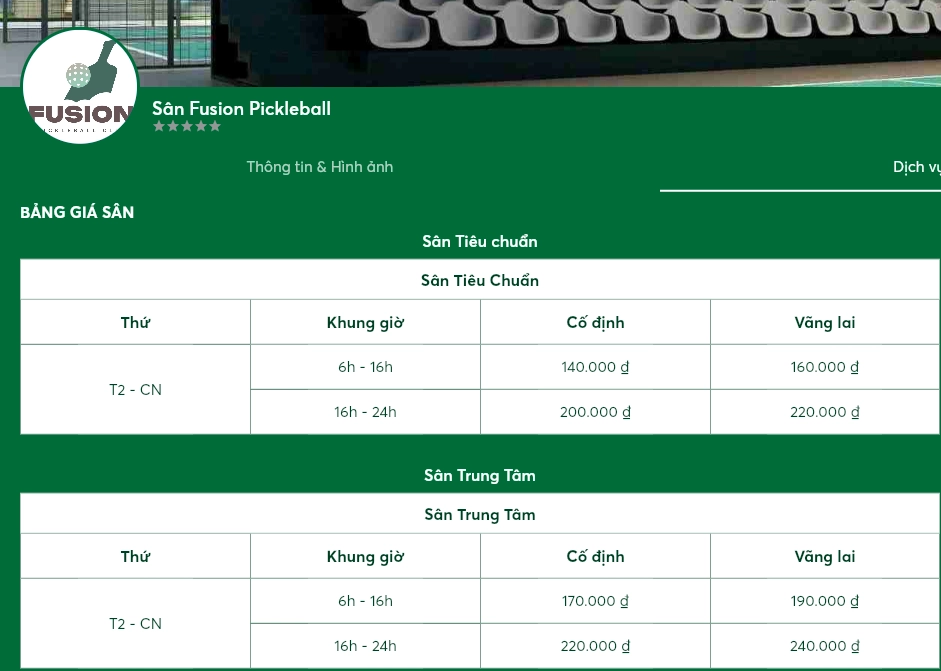 Giá thuê sân Fusion Pickleball