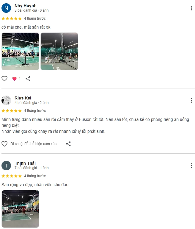 Đánh giá của người chơi tại sân Fusion Pickleball