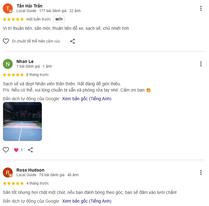  Đánh giá của người chơi tại sân Pickleball Lemon 2