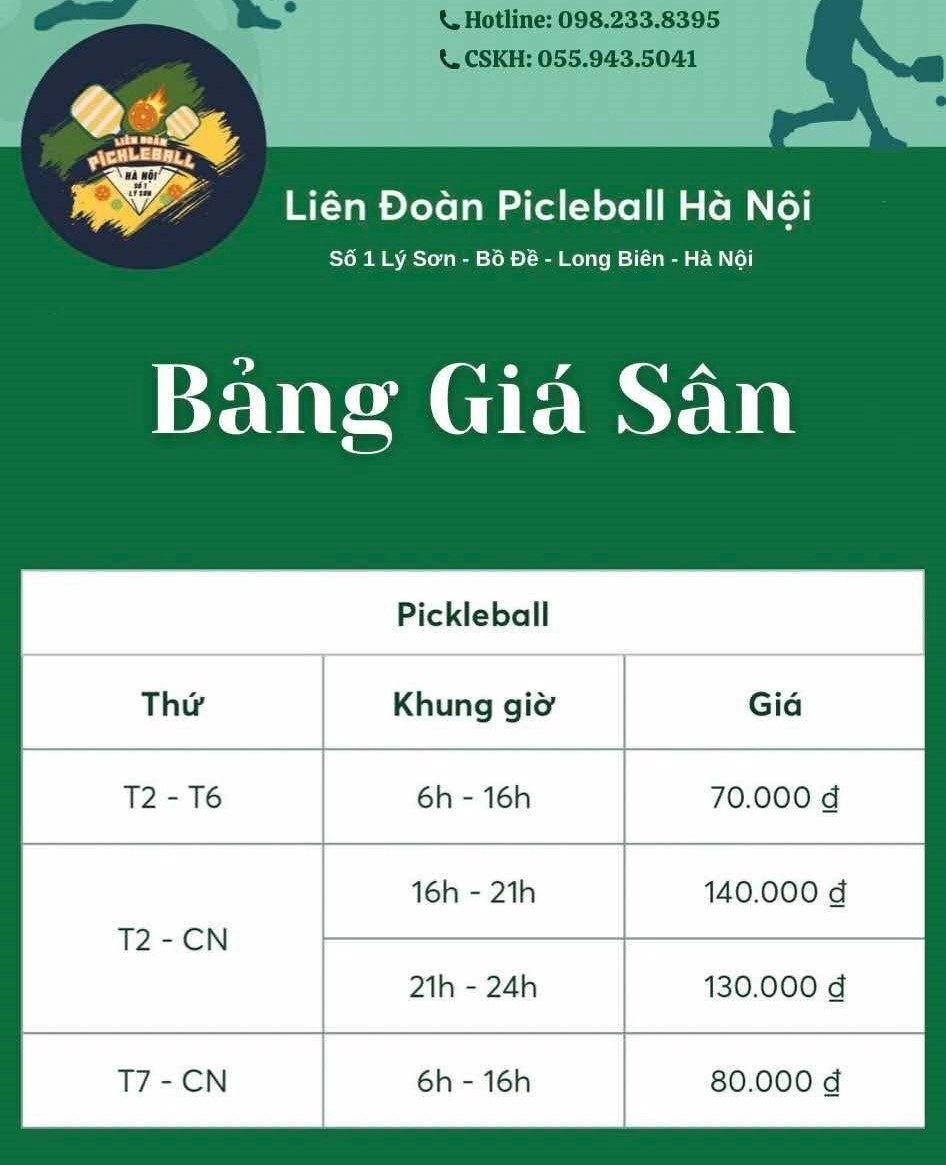 Bảng giá thuê sân Liên Đoàn Pickleball Hà Nội
