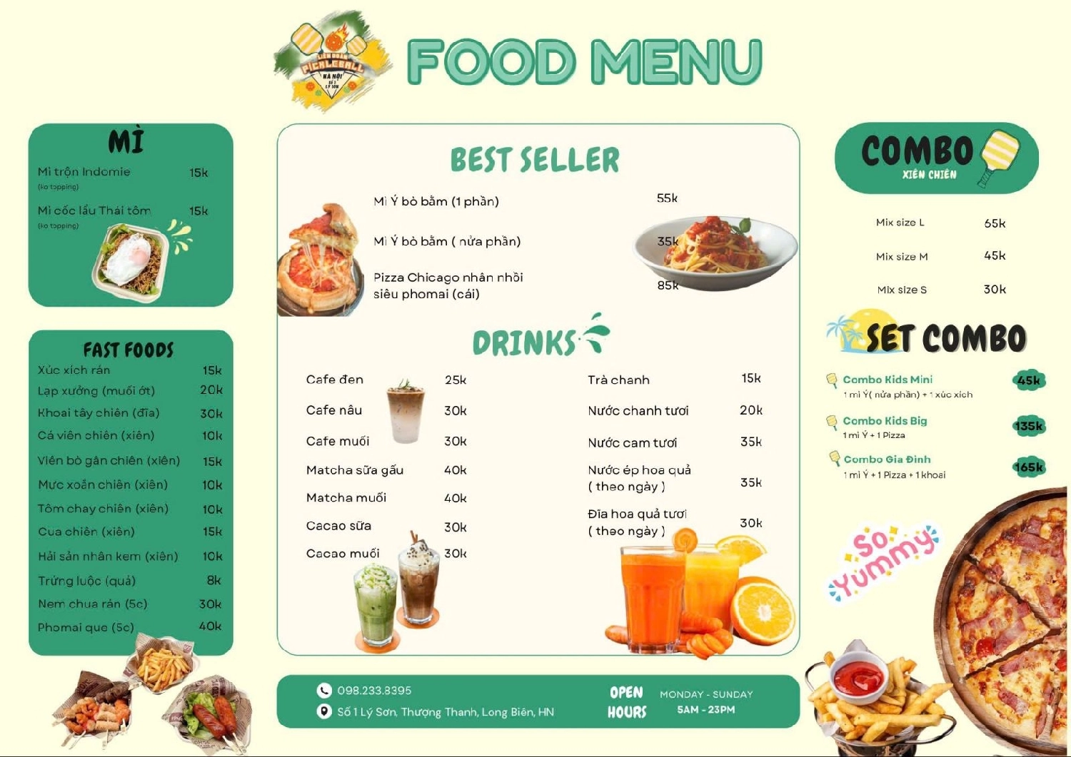 menu sân Liên Đoàn Pickleball Hà Nội