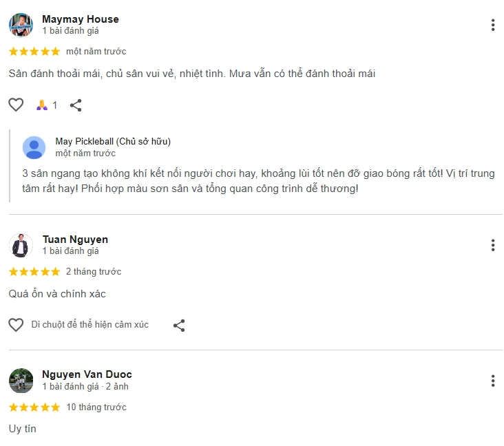 Đánh giá của người chơi tại sân MAY Pickleball