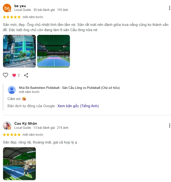 Đánh giá của người chơi tại sân Nhà Bè Badminton Pickleball