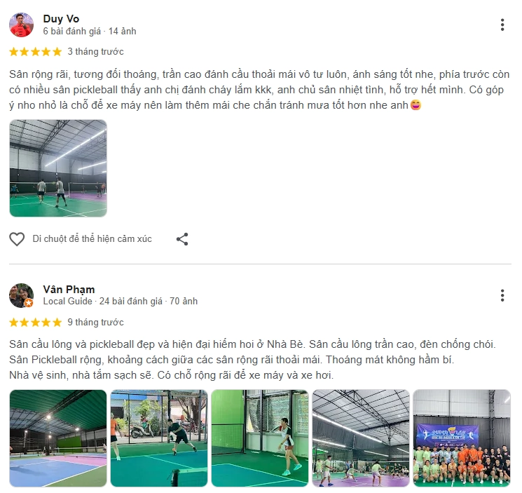 Đánh giá của người chơi tại sân Nhà Bè Badminton Pickleball