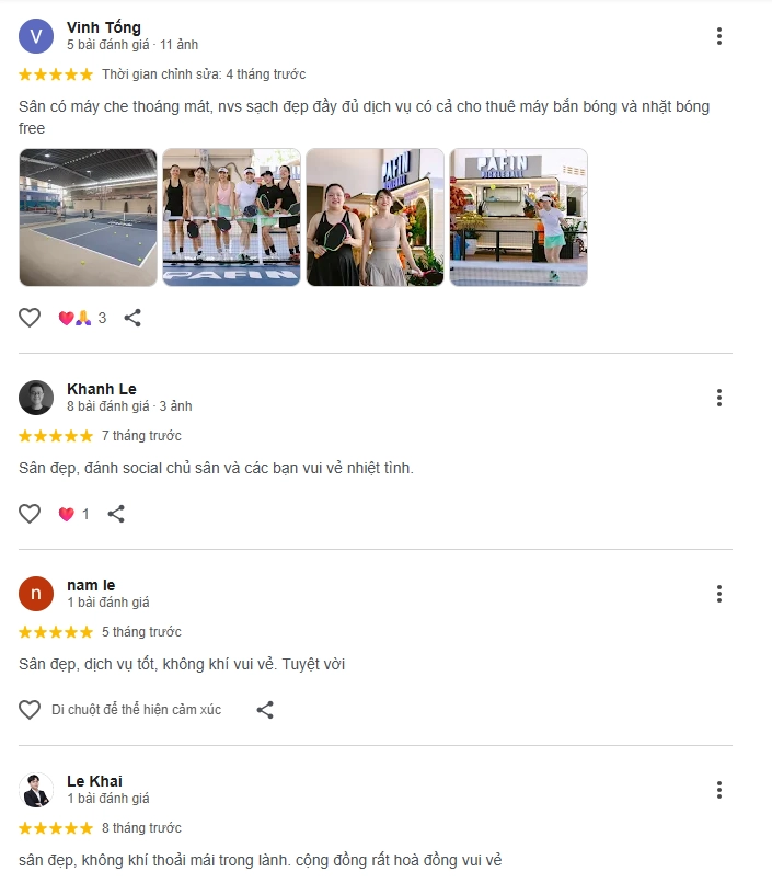Đánh giá của người chơi tại sân Pickleball Pafin