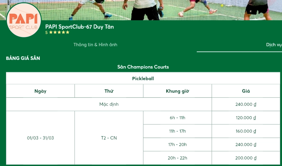 Giá thuê sân Papi Pickleball
