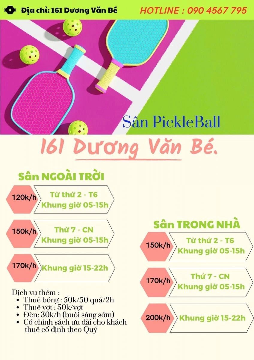 Giá thuê sân Pickleball 161 Dương Văn Bé