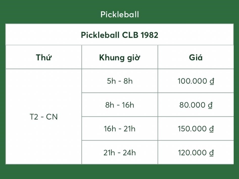 Giá thuê sân Pickleball 1982