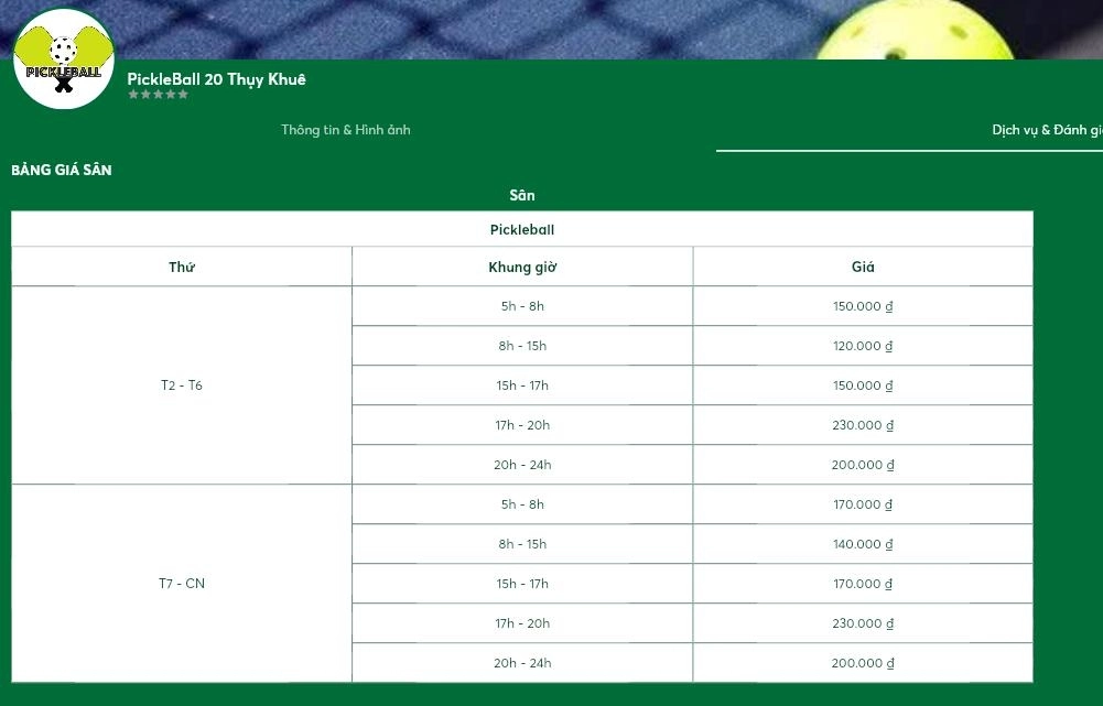Bảng giá thuê sân pickleball 20 thuỵ khuê