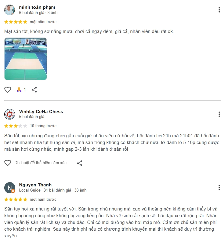 Đánh giá của người chơi tại sân Pickleball 260 Điện Biên Phủ