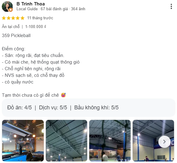 Đánh giá của người chơi tại sân Pickleball 359