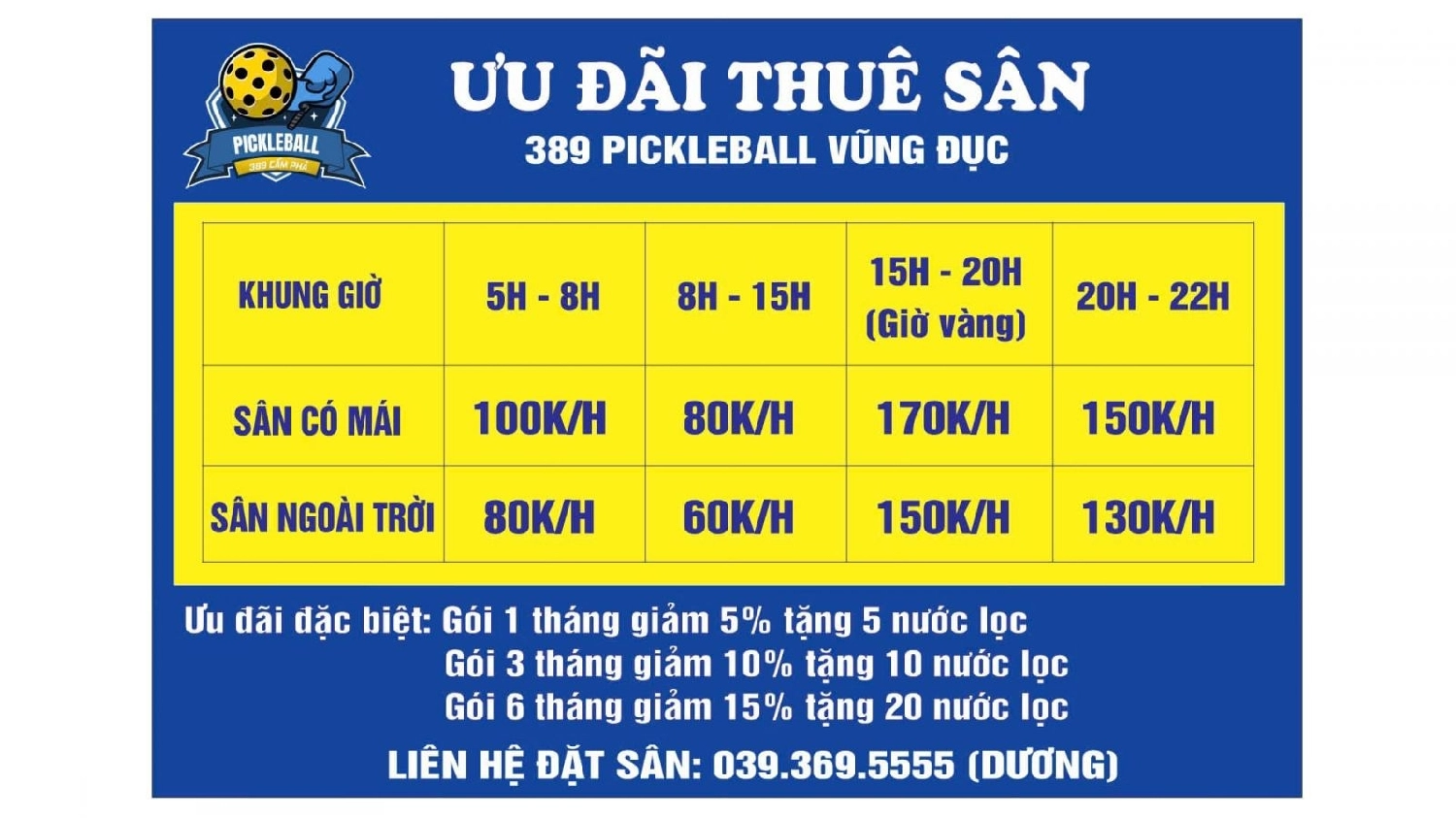 Giá thuê sân Pickleball 389 Cẩm Phả