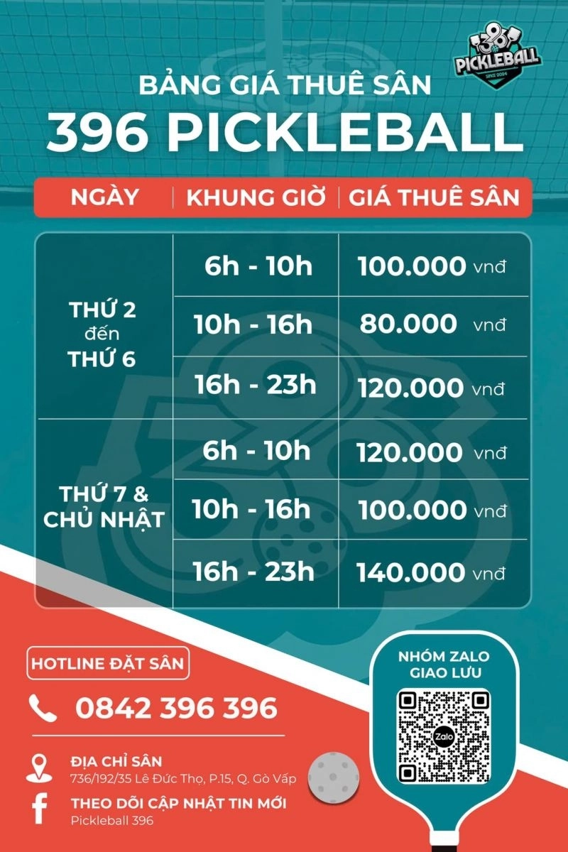 Giá thuê sân Pickleball 396