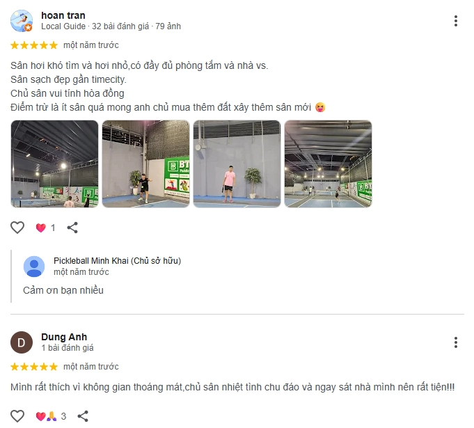 Đánh giá của người chơi tại sân Pickleball 622 Minh Khai