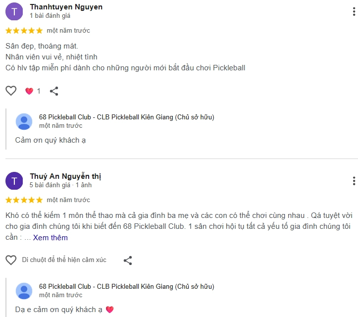 Đánh giá của người chơi tại sân Pickleball 68