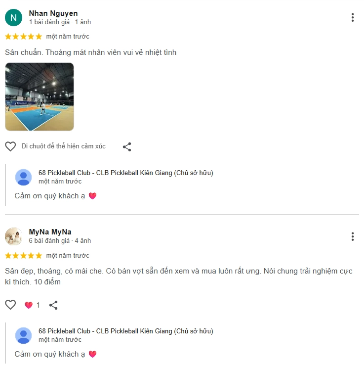 Đánh giá của người chơi tại sân Pickleball 68
