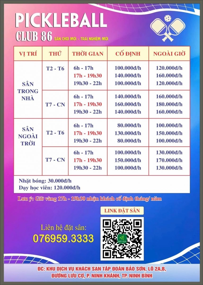 Giá thuê sân Pickleball 86