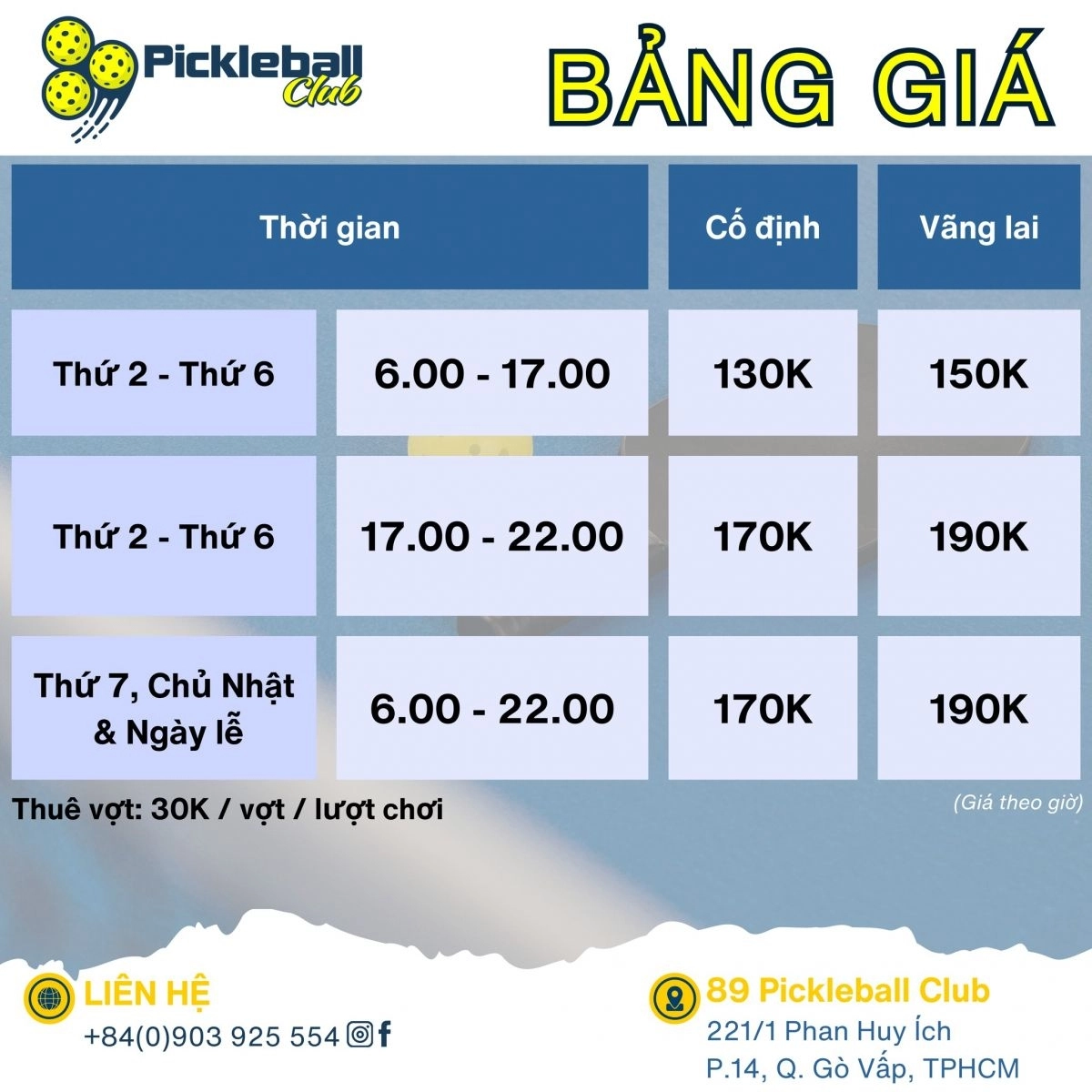 Giá thuê sân Pickleball 89 Gò Vấp