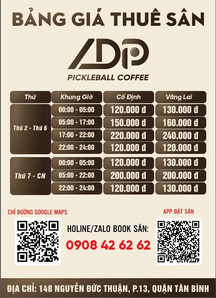 Bảng giá thuế sân pickleball ADP Tân Bình Hồ Chí Minh