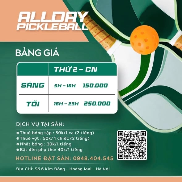 Giá thuê sân Pickleball All Day
