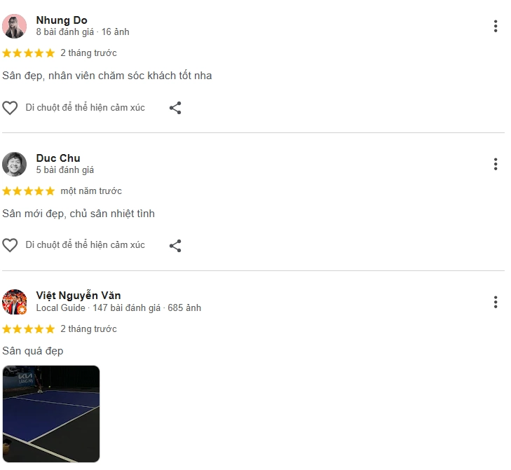 Đánh giá của người chơi tại sân Pickleball An Khánh