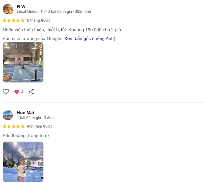 Đánh giá của người chơi tại sân Pickleball B&B