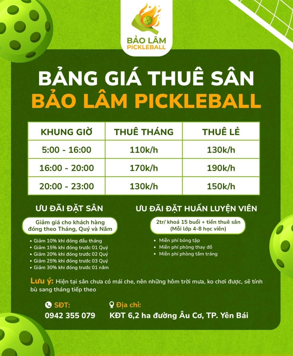 Giá thuê sân Pickleball Bảo Lâm