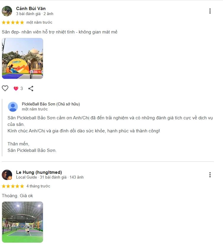 Đánh giá của người chơi tại sân Pickleball Bảo Sơn