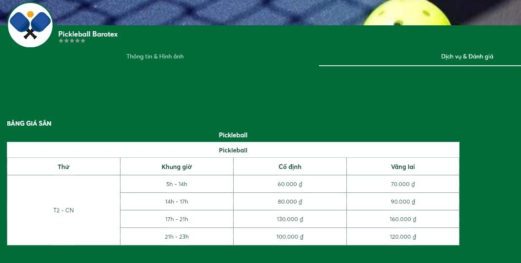 Bảng giá thuê sân barotex pickleball