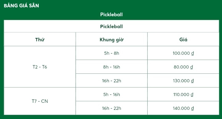 Giá thuê sân Pickleball BFF Club