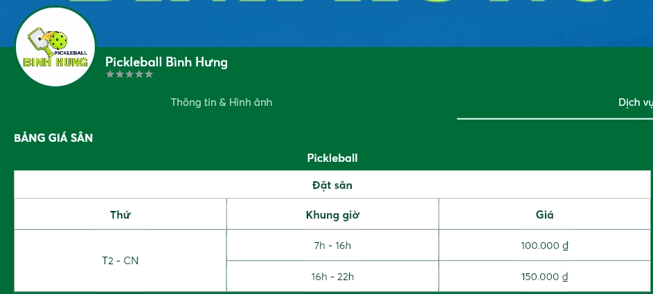 Giá thuê sân Pickleball Bình Hưng