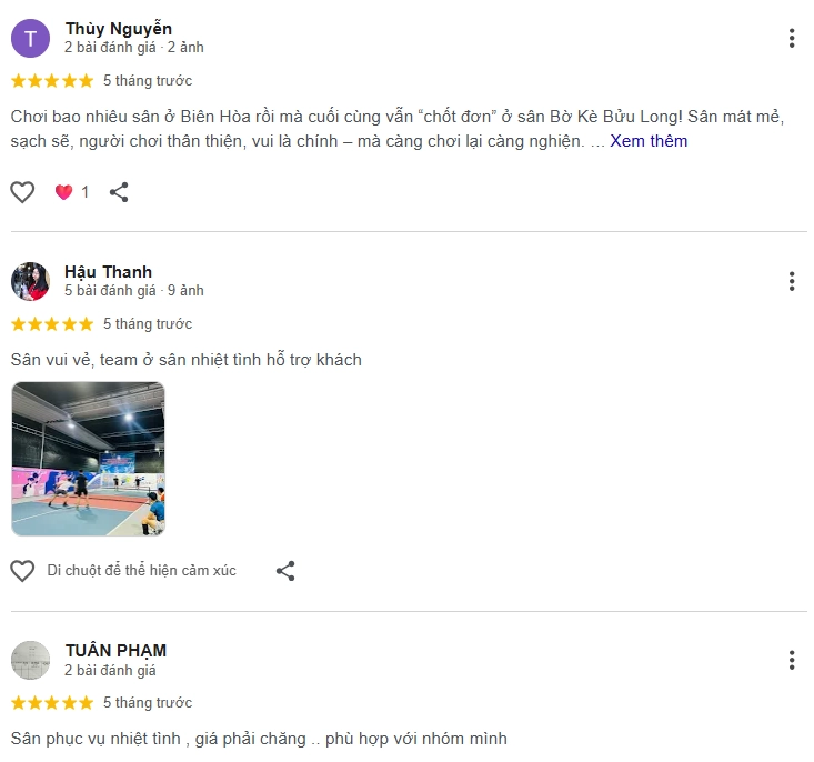 Đánh giá của người chơi tại sân Pickleball Bờ Kè Bửu Long