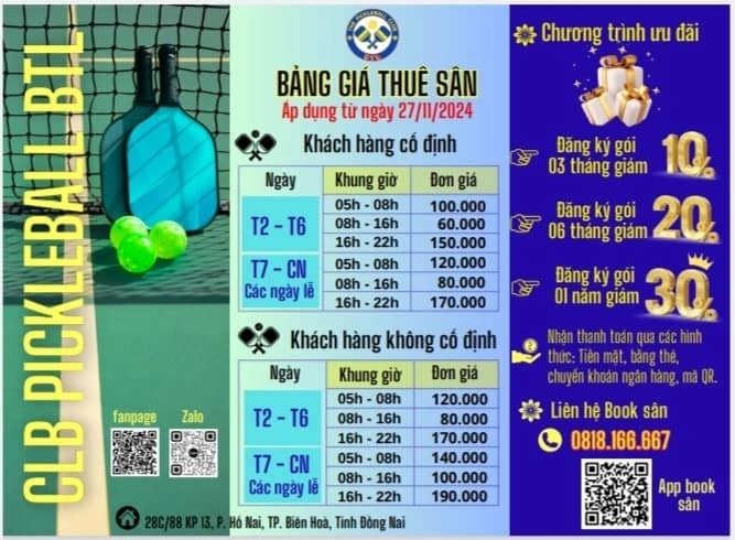 Giá thuê sân Pickleball BTL