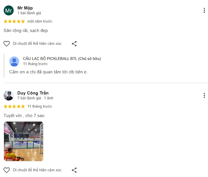 Đánh giá của người chơi tại sân Pickleball BTL